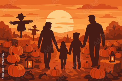 Family enjoys autumn walk among pumpkins and scarecrows at sunset on a cool evening in a rural setting