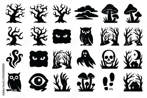 Wallpaper Mural Various black silhouette designs of trees, animals, and spooky elements for Halloween or themed events Torontodigital.ca