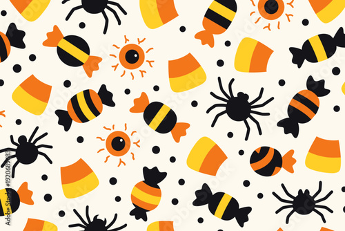 Colorful candy and spider pattern used for Halloween celebrations in a fun design layout showing various treats and creatures