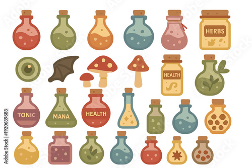 Bottles filled with colorful liquids and herbs for health and tonic