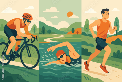 Three sports activities take place in a nature scene with cycling, swimming, and running during a sunny day in a park