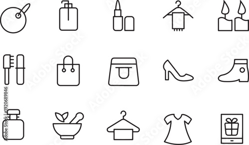 Beauty and Fashion Line Icons Set. Cosmetics, Perfume, Lipstick, Handbag, Shoes, Dress, Shopping Bag, Skincare, Boutique Outline Vector Collection Isolated on White Background