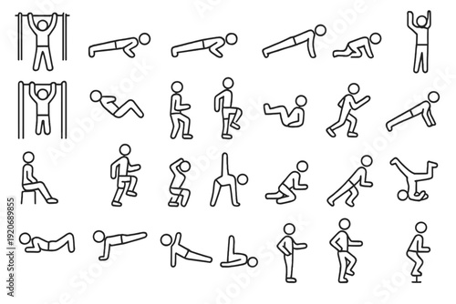 Collection of simple stick figure drawings showing different exercises and fitness activities in various positions and movements