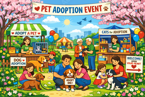 Pet adoption event brings families and pets together in a park with vendors and activities in a sunny day