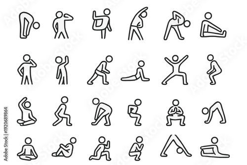 Various simple stick figure exercises displayed in a grid for fitness training and movement