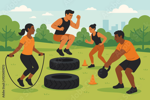 Group of people exercise in a park during the day with fitness activities using tires and kettlebells