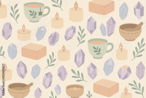 Design with tea cups, candles, crystals, and boxes arranged in a repeating pattern on a light background showcasing a cozy theme