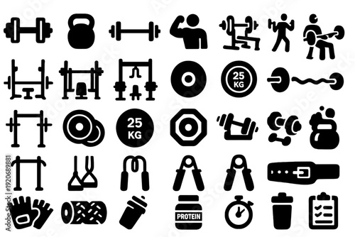 Fitness tools and symbols show activities in a gym setting for weight lifting and exercise training