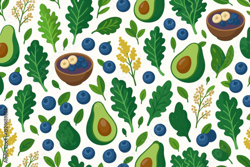 Fruits and leaves design with avocados, blueberries, and greenery scattered on a light background