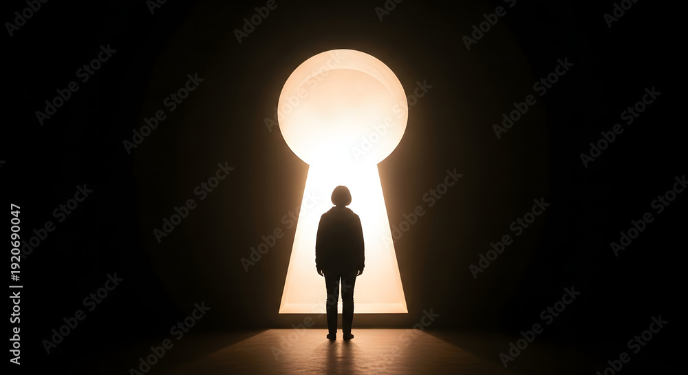 Obraz premium Person standing in front of glowing keyhole in dark room with bright light