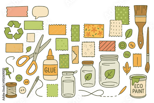 Craft supplies are arranged on a table showing different items used for art projects