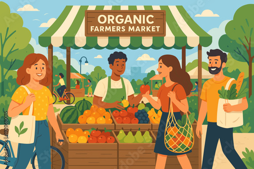 People shop at an organic farmers market in a green park on a sunny day during the weekend