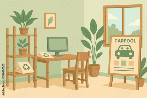 Workspace in a green office with plants, carpool information and recycling materials in a bright room located in a city environment