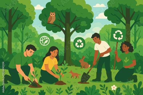 People plant trees and care for nature in a forest during a sunny day with animals around