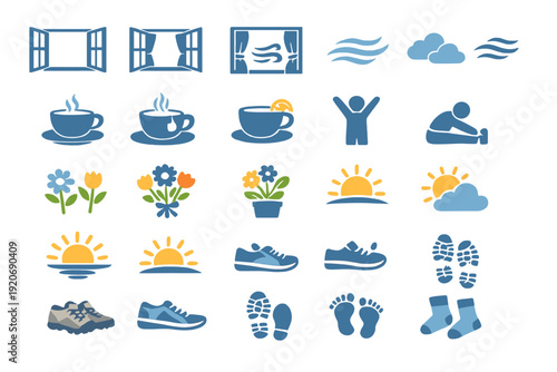 Different elements of a bright day with open windows, drinks, flowers, and actions in a home and outdoors setting