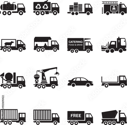 Collection of various truck and vehicle icons in silhouette style