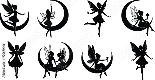 Black silhouettes of fairies on crescent moons white background