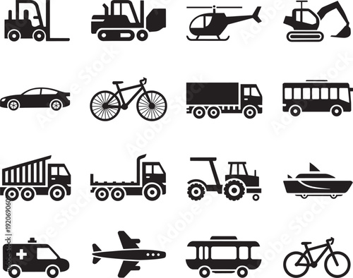 Set of transportation and vehicle icons forklift, truck, helicopter, excavator, car, bicycle, bus, boat