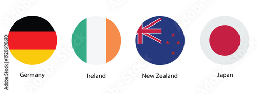germany ireland new zealand and japan national flags in circular icons with country names isolated on white background vector illustration