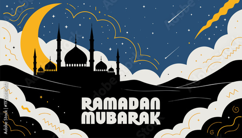 Ramadan Mubarak celebration with mosque silhouette at night