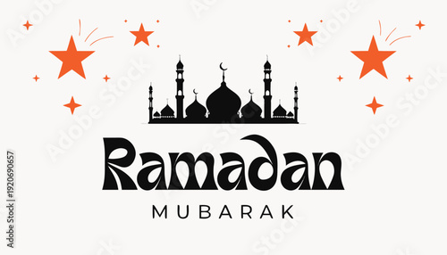 Ramadan Mubarak celebration with mosque silhouette and festive stars