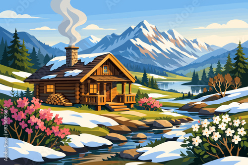 Log cabin near a stream with flowers and mountains in the background during the day with clear skies
