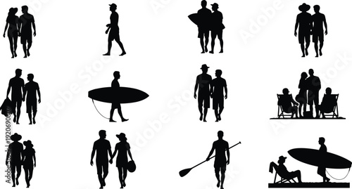 Black silhouettes of people walking holding surfboards and beach chairs on white background