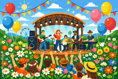 Crowd enjoys live music performance at outdoor festival in summer