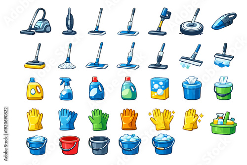 Cleaning tools and supplies arranged in a flat style showing various items used for household cleaning in a simple layout