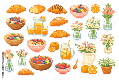 Colorful food arrangement with croissants, fruits, and drinks in a bright setting