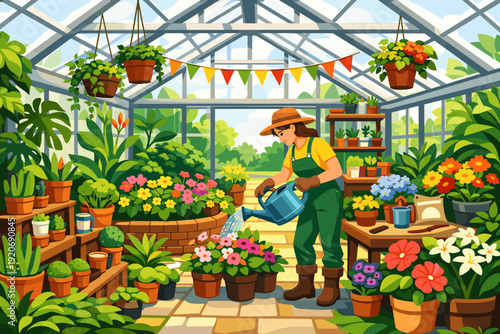 Gardener waters flowers in a greenhouse filled with plants and bright colors during the day in a vibrant garden setting