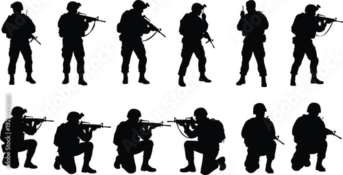 Black silhouettes of soldiers in various combat positions with guns military