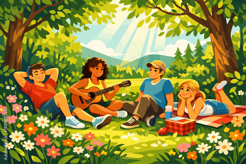 Four friends enjoy a sunny day in the park while playing guitar, eating, and relaxing on a blanket surrounded by grass and flowers