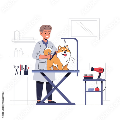 Professional dog groomer brushing happy shiba inu on grooming table with tools and dryer