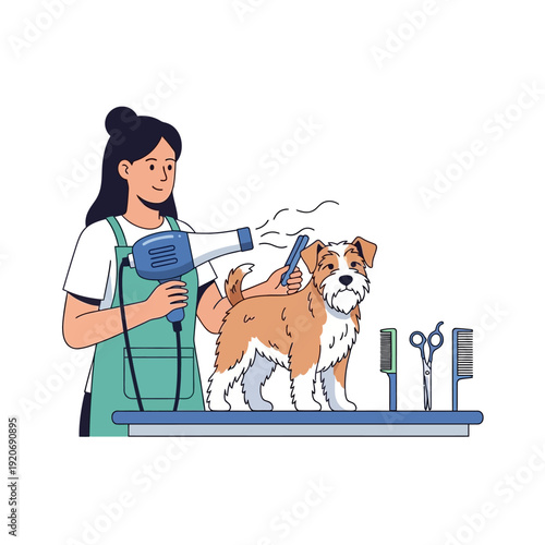 Professional dog groomer drying a small terrier with a hairdryer on a grooming table.