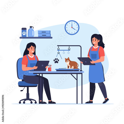Pet Grooming Salon: Two Stylists Working with Cat and Dog Accessories