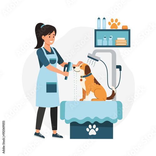 Professional groomer washing a happy dog in a grooming salon, close-up shot