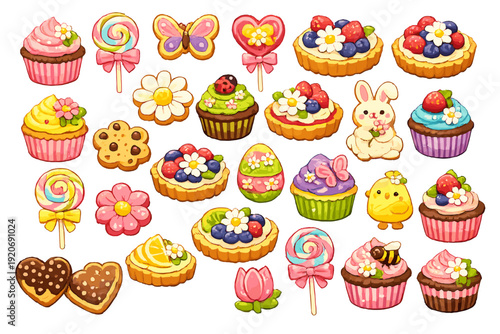 Colorful collection of sweet treats and desserts in various shapes and designs arranged on a white background