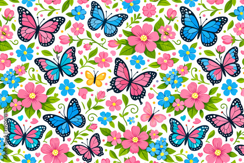 Colorful butterflies and flowers create a lively pattern on a white background, showcasing nature?s beauty in a playful design