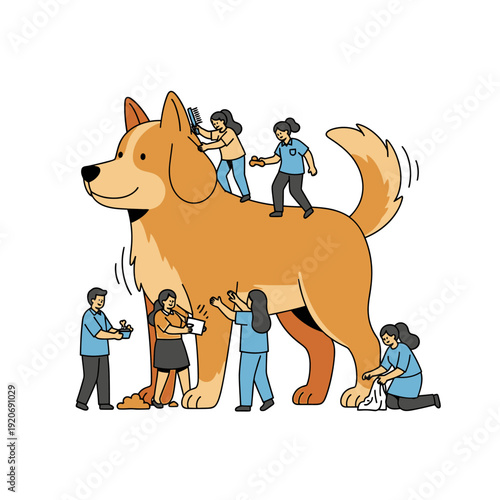 Teamwork grooming giant dog, people caring for large pet, diverse group helping with dog care