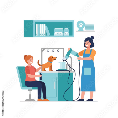 Dog grooming salon: groomer drying a small dog while another person operates equipment