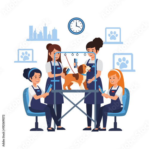 Dog grooming salon with professional groomers and happy pets, modern pet care services