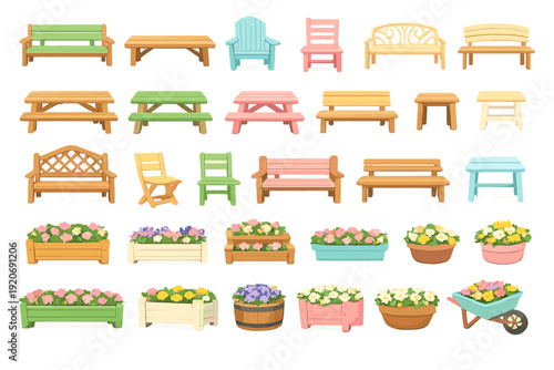Different styles of outdoor furniture and planters displayed in a grid layout, showcasing various designs and colors for gardens and patios