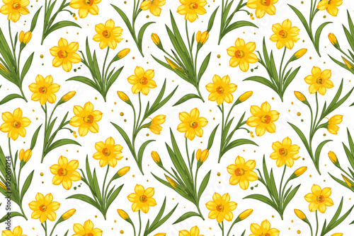 Bright yellow flowers and green leaves create a simple pattern for fabric or wallpaper design