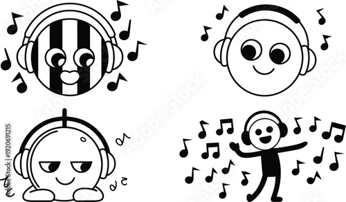 Cartoon characters enjoying music with headphones on