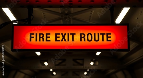 Red illuminated fire exit route sign with bright orange glow safety