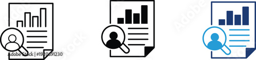 Document with bar chart and magnifying glass icon showing data analysis and user research. Business analytics illustration for reporting, statistics, information search, profile audit, metrics