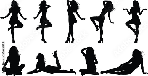Black silhouettes of women in various poses white background 2
