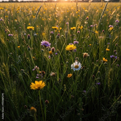 Bunte Sommerwiese mit verschiedenen Wildblumen, die üppig an einem sonnigen Feldrand wachsen. Natürliche Schönheit und ländliche Szene, Licht, sonnig, Szene