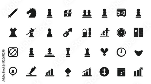 Versatile Black Vector Icon Set: Chess Game Pieces, Strategy, Business Graphs, Growth, and Abstract Symbols for Design
